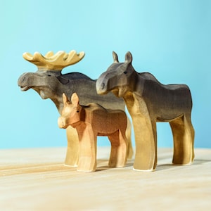 Montessori Wooden Animal Moose Family Set | Handmade Waldorf Forest Toy