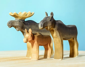 Montessori Wooden Animal Moose Family Set | Handmade Waldorf Forest Toy