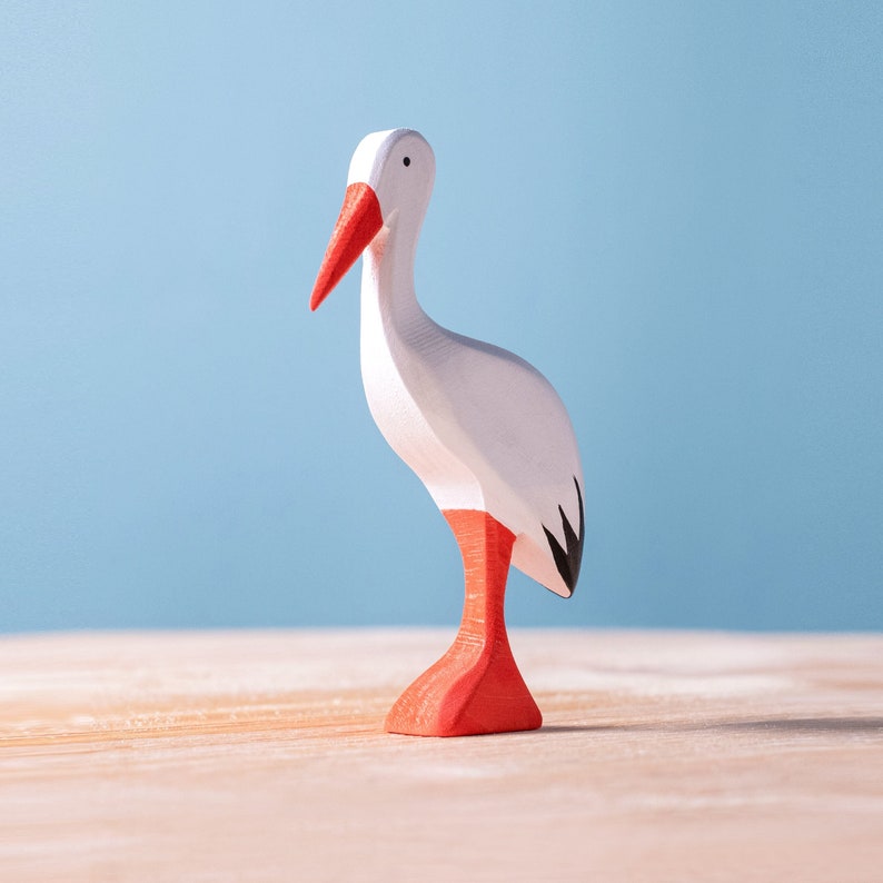Handmade Stork Figure Standing on Two Feet, Waldorf Wooden Toy for Kids, Crafted with Non-Toxic Paints