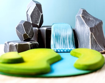 River Plate, Waterfall, Rocks SET | Wooden Toy | Non-Toxic Paint