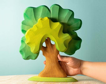 Green Oak Wooden Tree Figure for Montessori Education | Handmade with Organic Wood