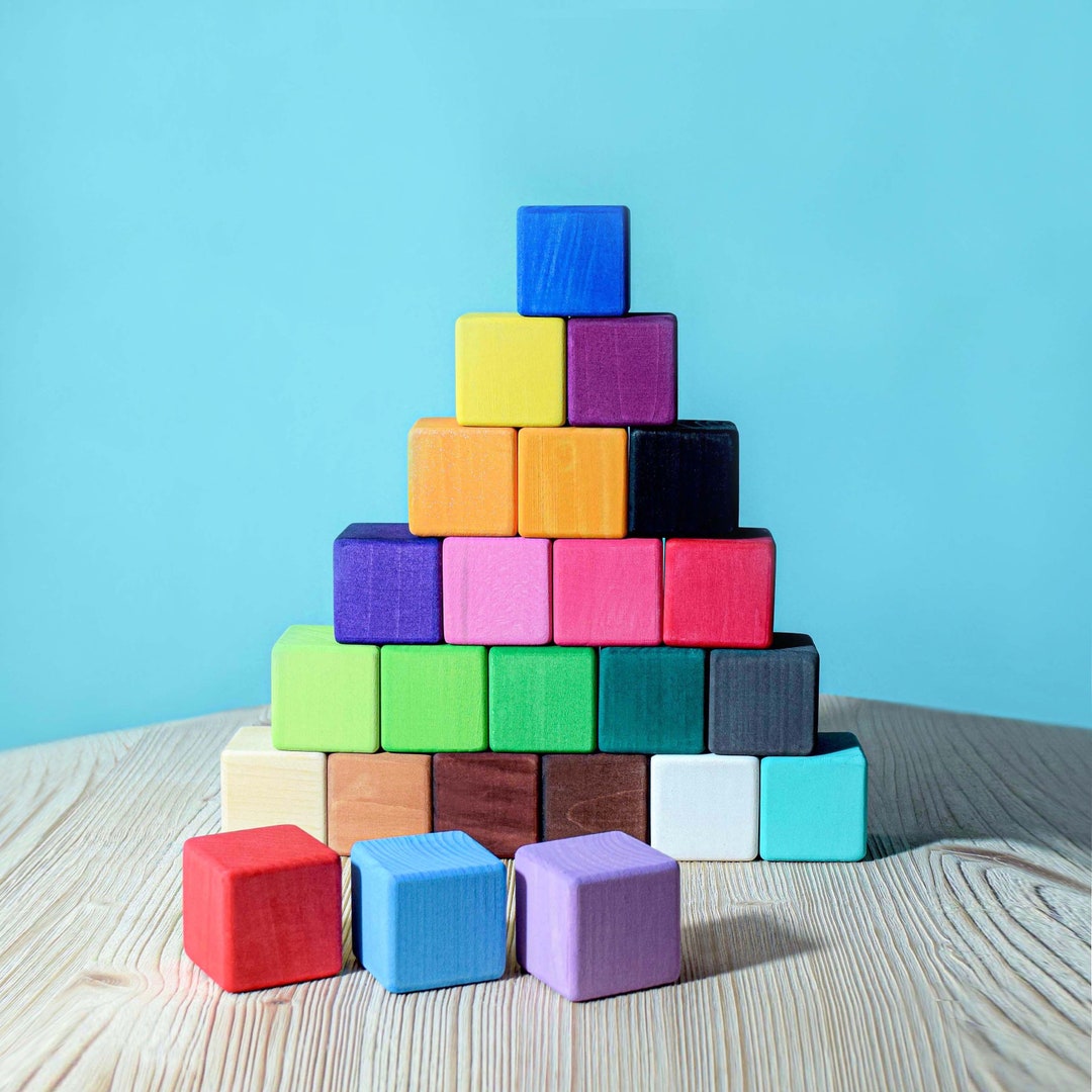 Wooden Block Set MEDIUM SET 24 Cubes Kids Rainbow Blocks, Waldorf Inspired Handmade Montessori