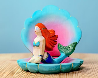 Mermaid and Shell Wooden Toy Set | Waldorf Montessori Learning | Handmade Organic Wood