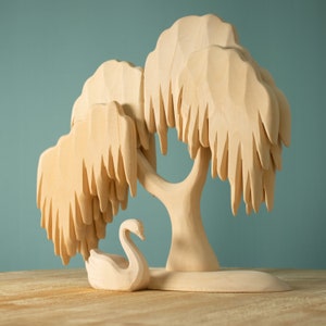 Wooden willow tree with a standing swan, part of a Montessori and Waldorf toy collection encouraging imaginative and sensory play.