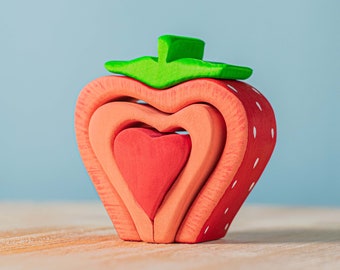 Montessori Waldorf Strawberry Stacker Toy | Organic Wood Fruit Collection