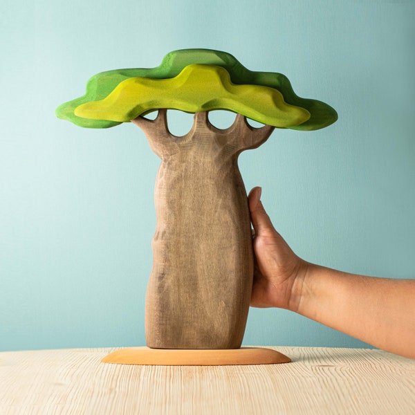 Grand baobab en bois avec tronc épais | Jouet Waldorf fait main | Jeu d'inspiration Montessori