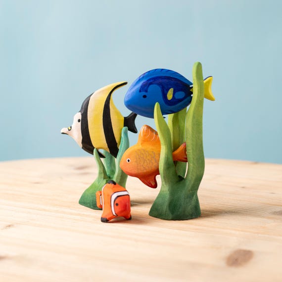 Tropisches Fisch-Set mit Algen aus Holz | Montessori Ozean Spielzeug