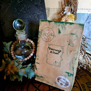 Può includere: Un sacchetto di carta marrone con un design verde e bianco. Il sacchetto ha un adesivo che dice "Trennungs Ritual" e un altro adesivo che dice "Hand Made".