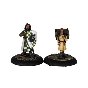 May include: Two painted miniature figures, one a knight in green and white armour holding a shield with a black direwolf, the other a peasant carrying a barrel on their back.