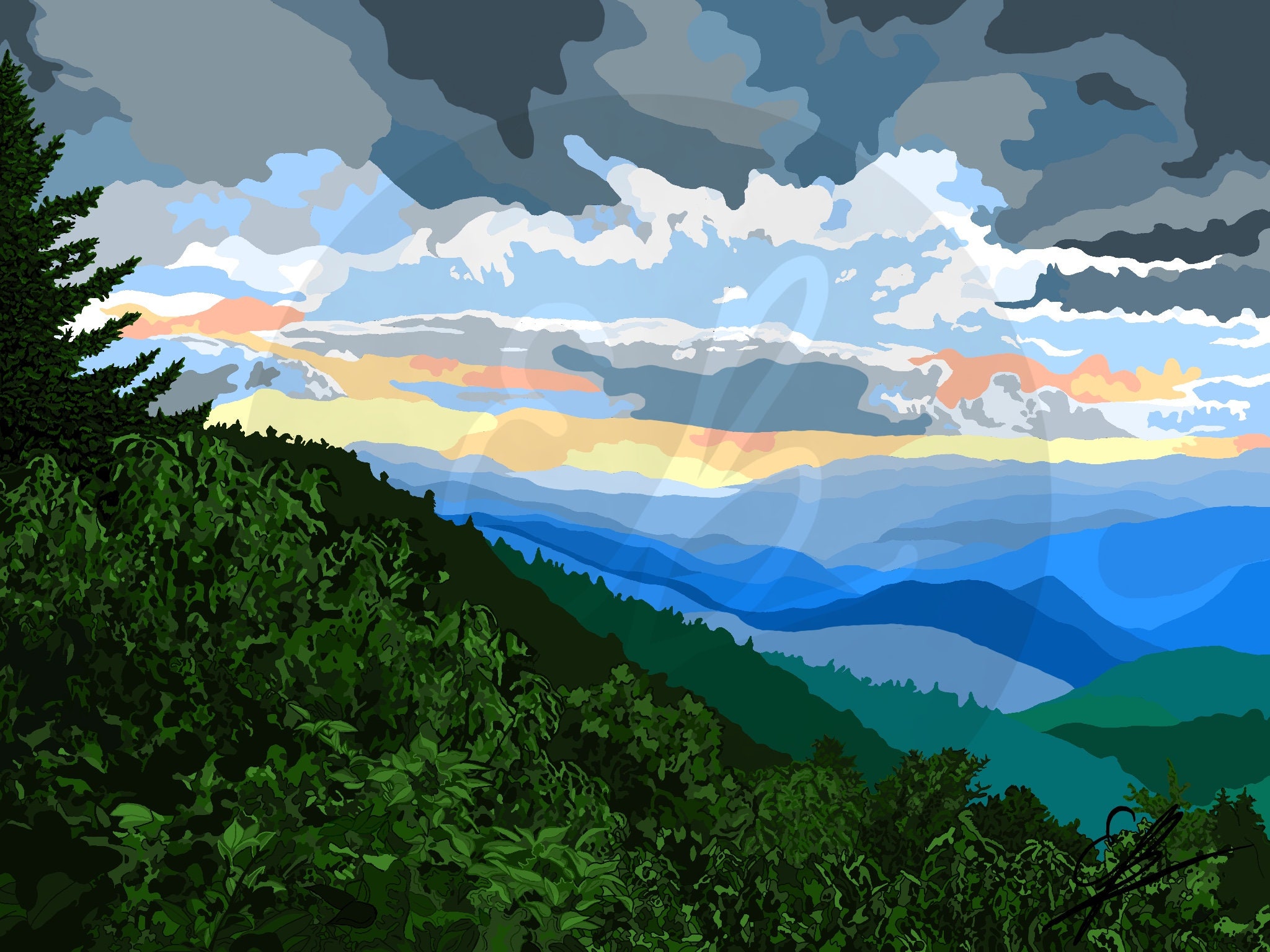 Blue Ridge Mountains Art Print Blue Ridge Parkway Nature Illustration