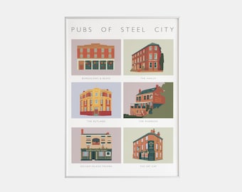 Pubs of Sheffield | Steel City pubs print | Typographic | Colour | Gallery Wall | South Yorkshire | S1 S3
