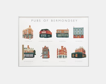 Pubs of Bermondsey | Landscape | London pubs print | Typographic | Colour | Gallery Wall | South London | SE1