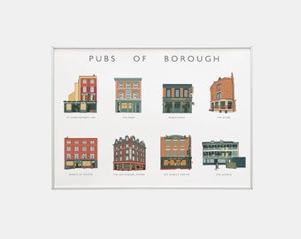 Pubs of Borough | Landscape | London pubs print | Typographic | Colour | Gallery Wall | South London | SE1