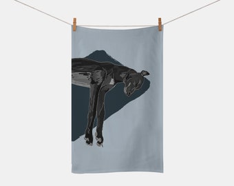 Tea Towel | Black Greyhound | Navy | Gift | Homeware | Sighthounds | 100% Organic Cotton