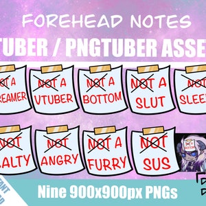 May include: Nine digital images, each featuring a white sticky note with a red X over the text "Not a" followed by a different word. The words are "Streamer", "VTuber", "Bottom", "Slut", "Sleepy", "Salty", "Angry", "Furry", and "Sus".