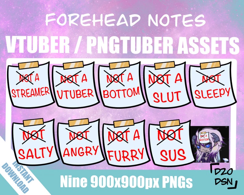 Pu&ograve; includere: Nove immagini digitali, ciascuna con un post-it bianco con una X rossa sopra il testo "Not a" seguito da una parola diversa. Le parole sono "Streamer", "VTuber", "Bottom", "Slut", "Sleepy", "Salty", "Angry", "Furry" e "Sus".