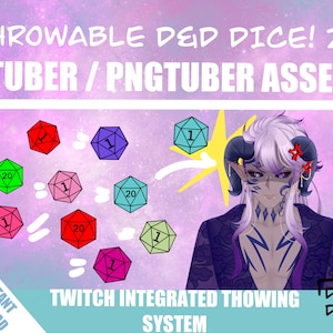 May include: A digital illustration of a purple-haired character with horns and a black and purple outfit. The character is surrounded by animated dice with different numbers and colors. The text "THROWABLE D&D DICE! 2D VTUBER/PNGTUBER ASSETS" is at the top of the image. The text "TWITCH INTEGRATED THOWING SYSTEM" is at the bottom of the image.
