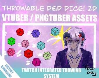 May include: A digital illustration of a purple-haired character with horns and a black and purple outfit. The character is surrounded by animated dice with different numbers and colors. The text "THROWABLE D&D DICE! 2D VTUBER/PNGTUBER ASSETS" is at the top of the image. The text "TWITCH INTEGRATED THOWING SYSTEM" is at the bottom of the image.