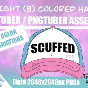 May include: A white baseball cap with a blue brim and a pink underside. The cap has the word "SCUFFED" printed in black letters on the front. Eight 2048x2048 pixel PNGs are included.