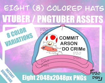 May include: A baseball cap with a white front panel, light blue brim, and pink bill. The cap features a cartoon mushroom character on a surfboard with the text "COMMIT ARSON DO CRIME". The image also includes the text "EIGHT (8) COLORED HATS" and "VTUBER / PNGTUBER ASSETS".
