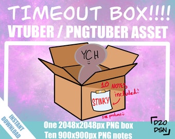 May include: A cartoon illustration of a brown box with a gray character inside. The box is open and the character is looking out. The box has a white note on it that says "10 notes included!" and "STINKY". The text "One 2048x2048px PNG box Ten 900x900px PNG notes" is below the box.
