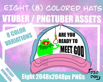 May include: A blue and pink baseball cap with a green frog and the text "Are you ready to meet God?" on the front. The cap is 2048 pixels by 2048 pixels.