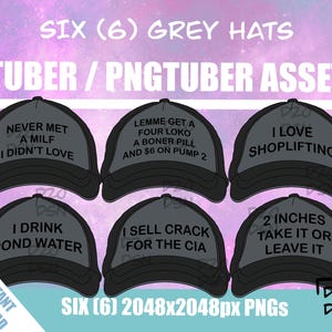 May include: Six grey baseball caps with various phrases in white text, including "Never Met A MILF I Didn't Love" and "I Love Shoplifting." The image is labeled "VTUBER / PNGTUBER ASSETS" and "INSTANT DOWNLOAD."