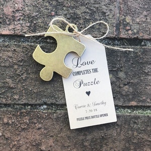 Set of Puzzle Piece Bottle Openers with Custom Tags * Wedding Favors Keychain * Bachelorette Party * Bridal Shower Gift * Autism Awareness