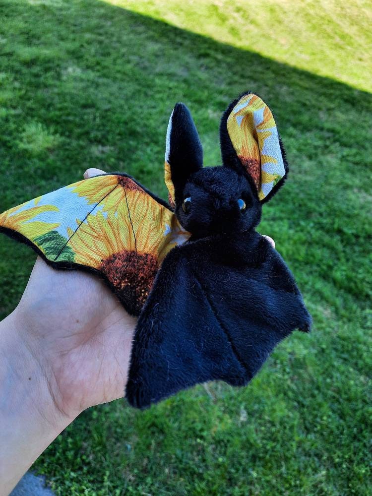 Sunflower Bat Plushie - Bat Plushies - Sunflower - Made to Order - Yellow Sunflower Bat - Black Sunflower Bat