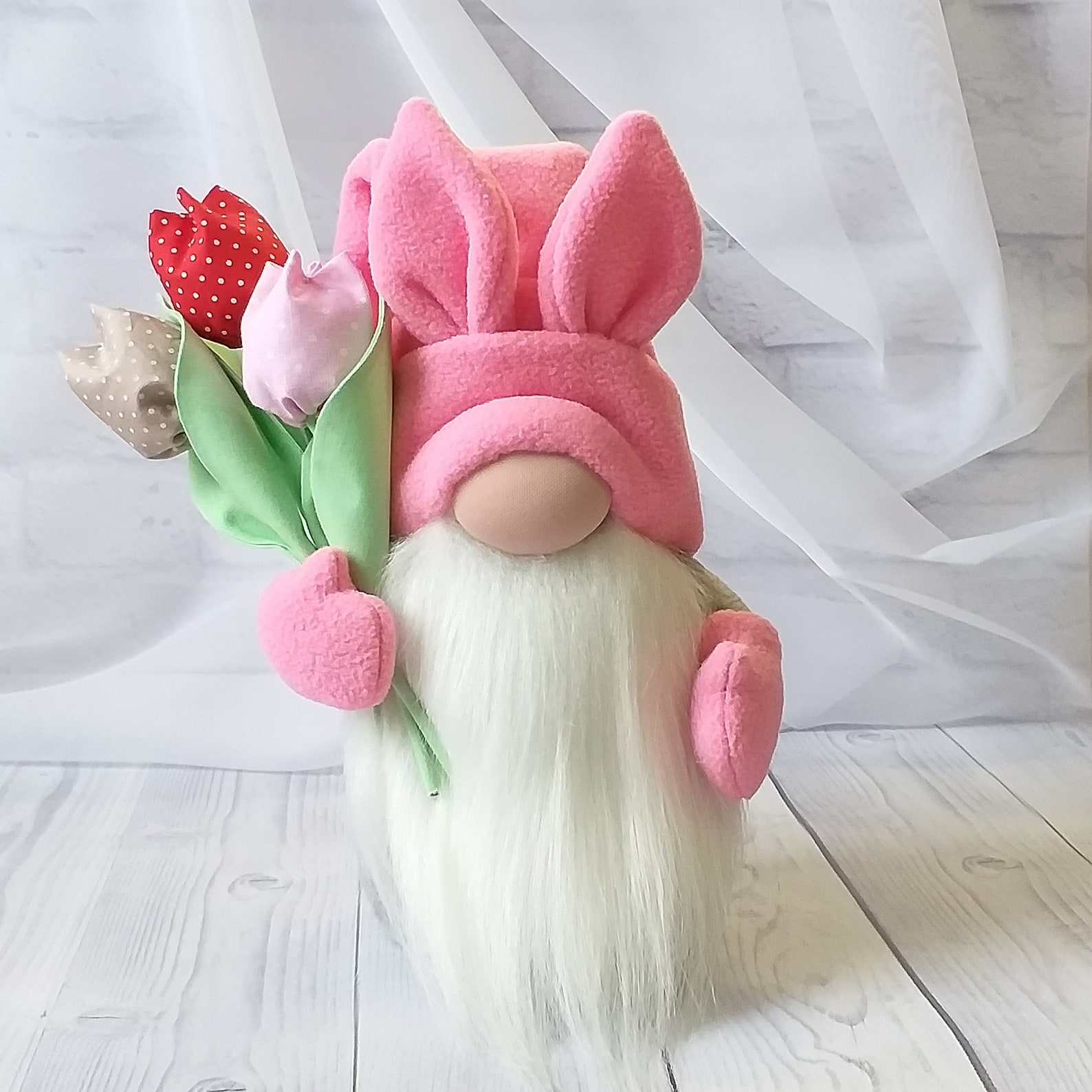 Pink easter gnome bunny with flower bouquet spring gnome for Etsy
