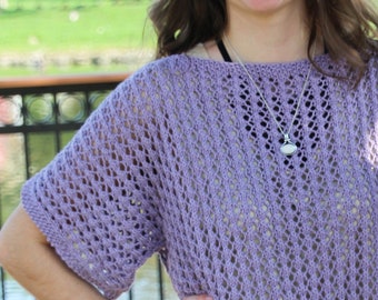 Hand Knit Handmade Open Work Lacey Cotton Linen Tee Designer One-Off, Lavender, Purple