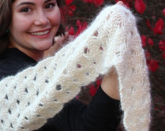 Designer Hand knit Scarf, Handmade Animal Fiber Sedona Crossing Scarf Cream, soft and fuzzy scarf, Womens Lace Scarf