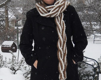 Hand knit Scarf, Handmade Wool Scarf, Reversible Cables Braid Scarf, Brown Cream, Womens Bulky Scarf