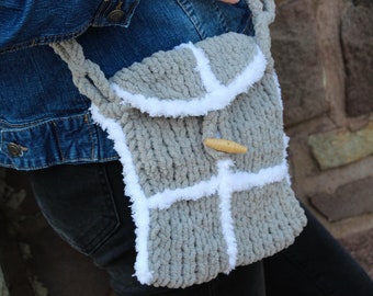 Designer Hand Knit Small Bag  Simulated Sherpa Over Body Bag Gray White Fuzzy soft Strap Shopping Bag