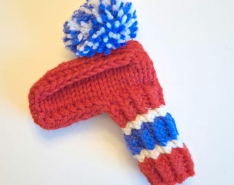 Hand-Knit Striped Wool Golf Putter Cover, Red Blue White Pom Pom