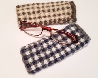 TWO Hand Knit Plaid Eyeglass Holder Handmade Guft, Gingham Gift, Plaid Gift,