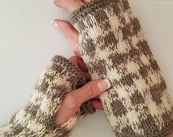 Designer Womens Hand Knit Mittens, Handmade Wool Mittens, Winter Fingerless Mitts, Bulky, Textured, Brown Plaid, Adult Mittens