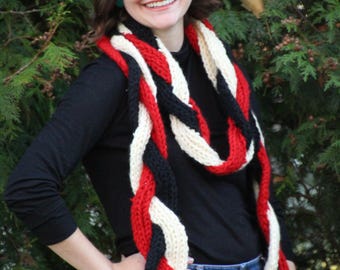 Designer Long Scarf, Hand Knit Scarf, Handmade Wool Reversible Cables Scarf, Soft and Chunky, Bulky Red, Black  White Scarf, Womens Bulky Sc