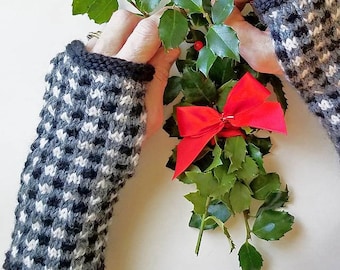 Designer Womens Hand Knit Mittens, Handmade Wool, Winter Fingerless Mitts, Bulky, Textured, Black, Adult mittens