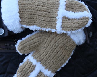 Designer Womens Hand  knit mittens, Handmade Sherpa Mittens, Handmade Winter Mittens, Bulky, Natural Colors