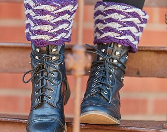 Designer Womens Hand Knit Boottopper Jacquard Boot Topper  wool, purple, silver