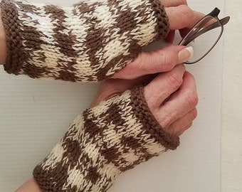 Designer Womens Hand Knit Mittens, Handmade Wool Mittens, Winter Fingerless Mitts, Bulky, Textured, Brown Plaid, Adult Mittens