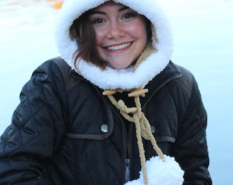 Designer Womens Hand Knit Hood Hat, Handmade Sherpa Hat, Handmade Winter Hat, Bulky, Natural Colors, Adult Pom Pom Hat
