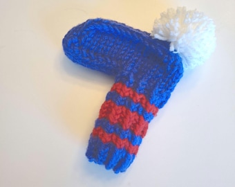 Hand-Knit Blue Red Striped Wool Golf Putter Cover, Pom Pom Accent