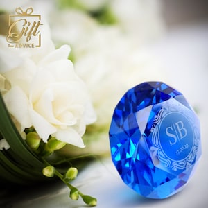 Custom Crystal Vintage Glass Paperweight - Diamond Style Shaped Blue Color - Gift Boxed