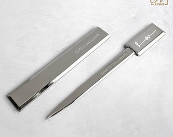 Personalized Letter Opener, Laser Engraved Silver Plated Metal Modern Design Post Letter Opener, Custom Engraving, Any Message Engraved