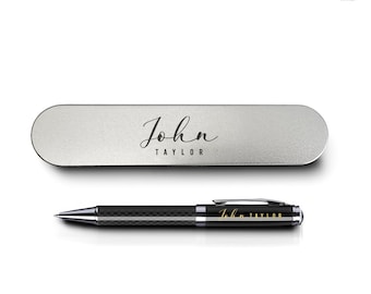 Stylo gravé personnalisé, meilleur stylo à bille en métal avec gravure personnalisée et cadeau de boîtier en métal, ensemble de stylos noir carbone personnalisé