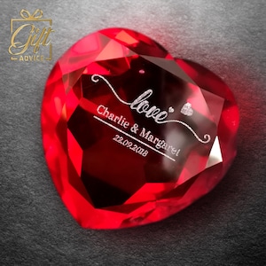 Custom Crystal Vintage Glass Paperweight - Diamond Style Heart Shaped Ruby Color - Gift Boxed