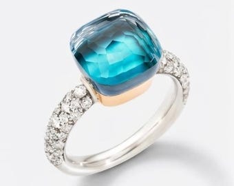 スイスブルートパーズモアッサナイトリング、925スターリングシルバークッションリング、女性へのギフト、12月の誕生石リング、ブルージェムストーンリング。