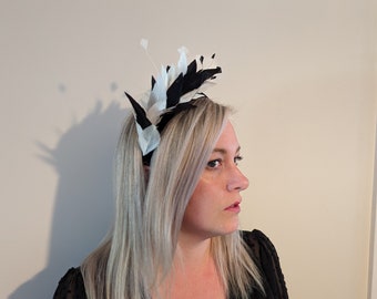 Black and White Monochrome Feathered Padded Headband Wedding Races Special Occasion